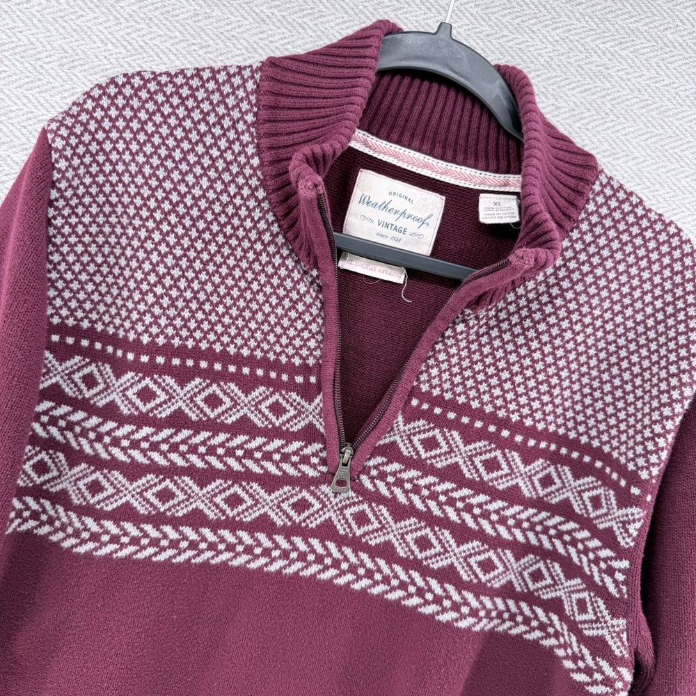 Weatherproof Vintage Mens XL Burgundy Fair Isle 1/4 Zip Cotton Holiday Sweater